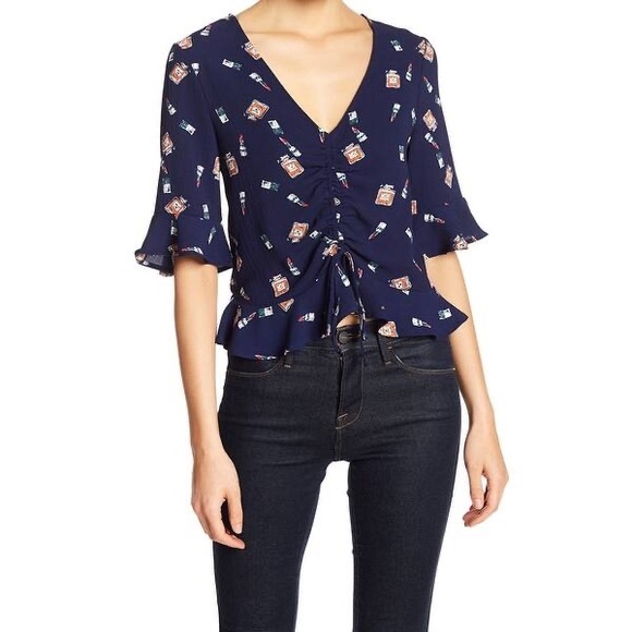 Elodie Tops - Elodie Blue Perfume Lipstick Print Ruffled Blouse
